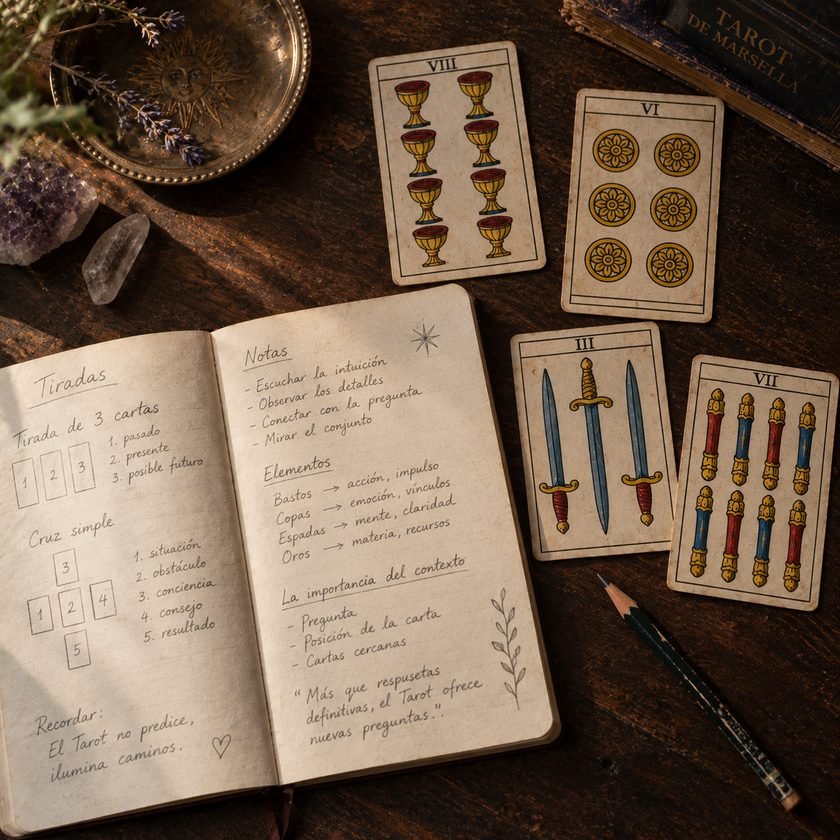 Cuaderno abierto con apuntes a mano y diagramas de tiradas, junto a cuatro cartas del Tarot de Marsella