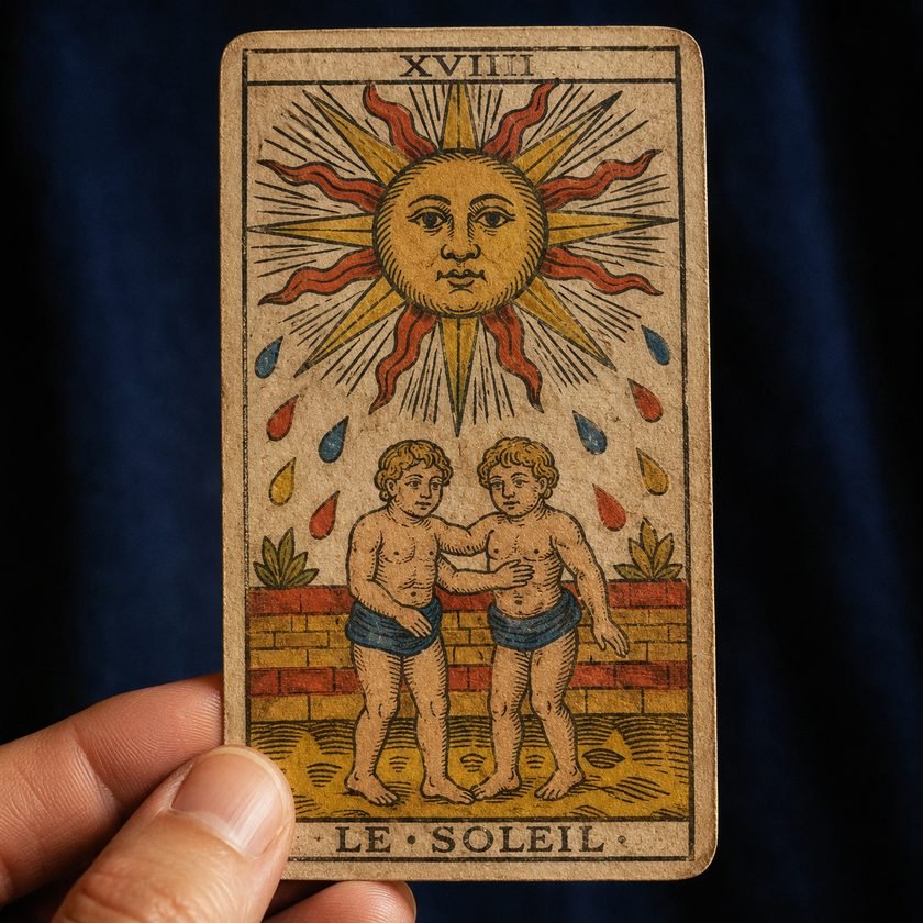 Primer plano del arcano Le Soleil del Tarot de Marsella, sostenido entre dos dedos