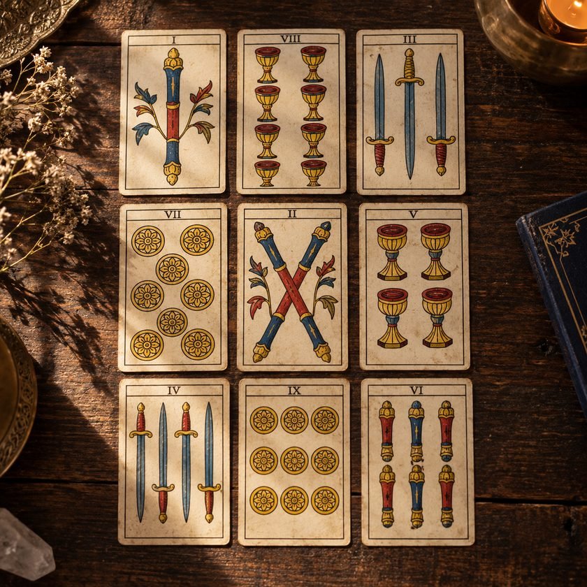 Nueve cartas del Tarot de Marsella extendidas en tres filas sobre una mesa de madera