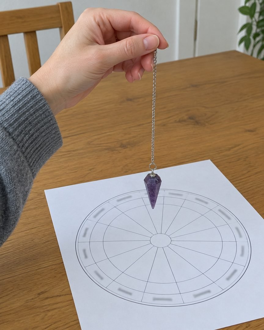 Una mano sosteniendo un péndulo de amatista sobre un tablero radiónico impreso