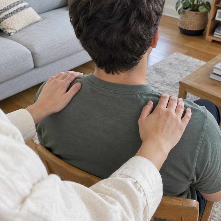 Manos apoyadas con suavidad sobre los hombros de una persona sentada, en una sesión de reiki