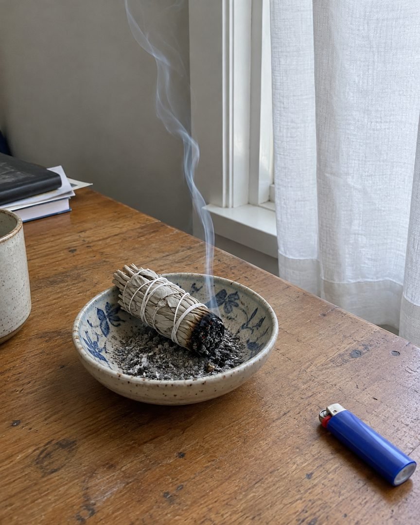 Atado de salvia blanca humeando en un cuenco de cerámica