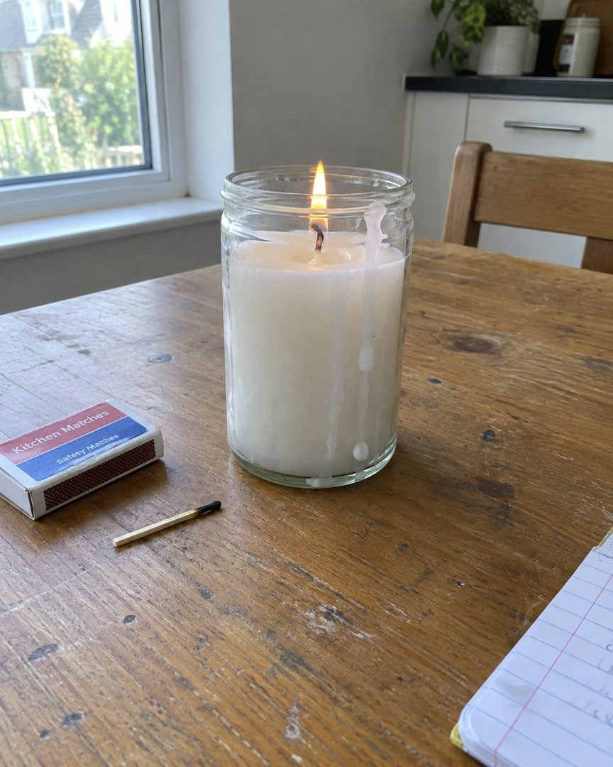 Una vela blanca encendida sobre una mesa de madera, con una caja de fósforos