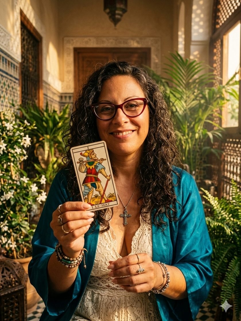 Mariana Medici sosteniendo la carta Le Mat del Tarot de Marsella