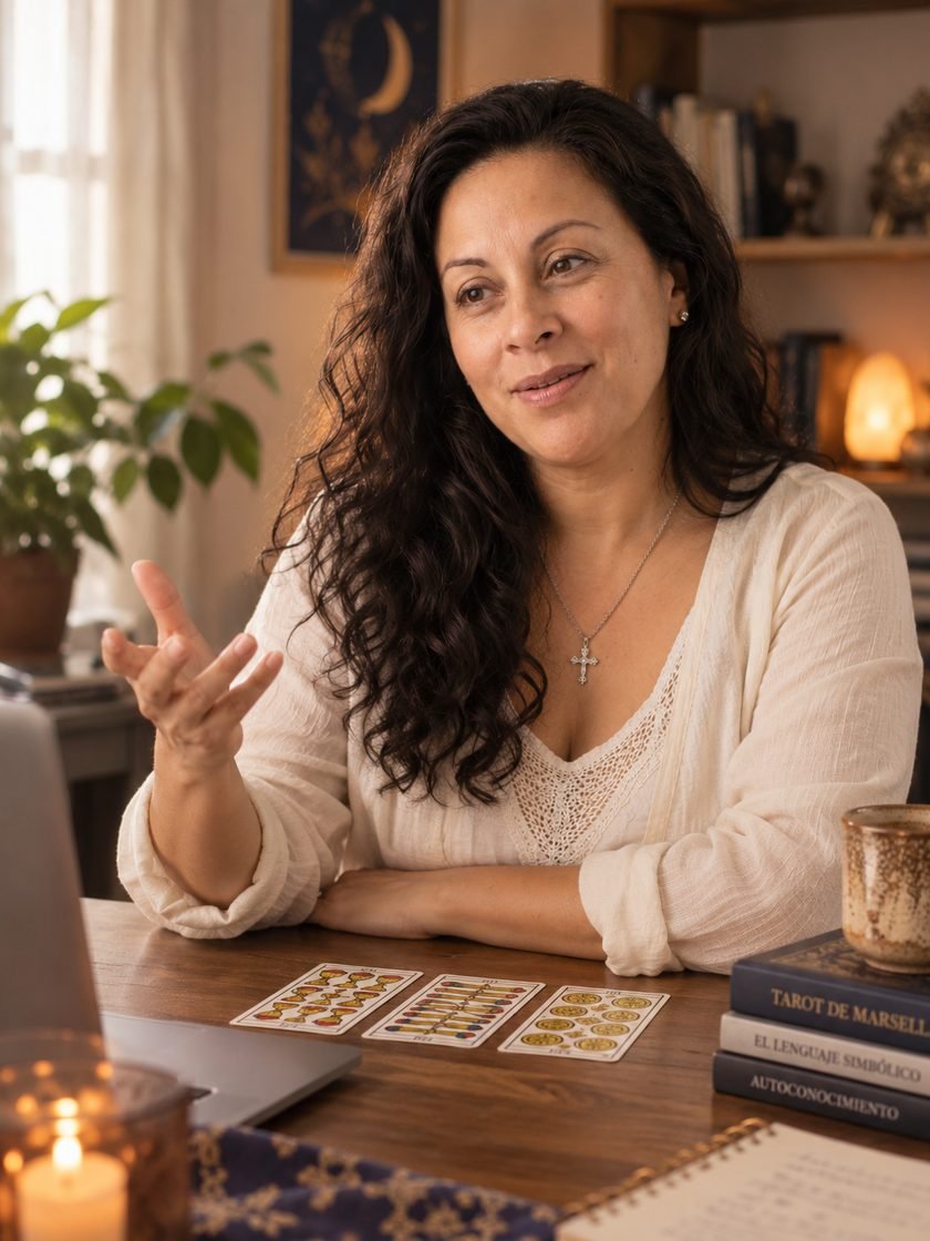 Mariana Medici en una consulta por videollamada, con tres cartas del Tarot de Marsella sobre el escritorio