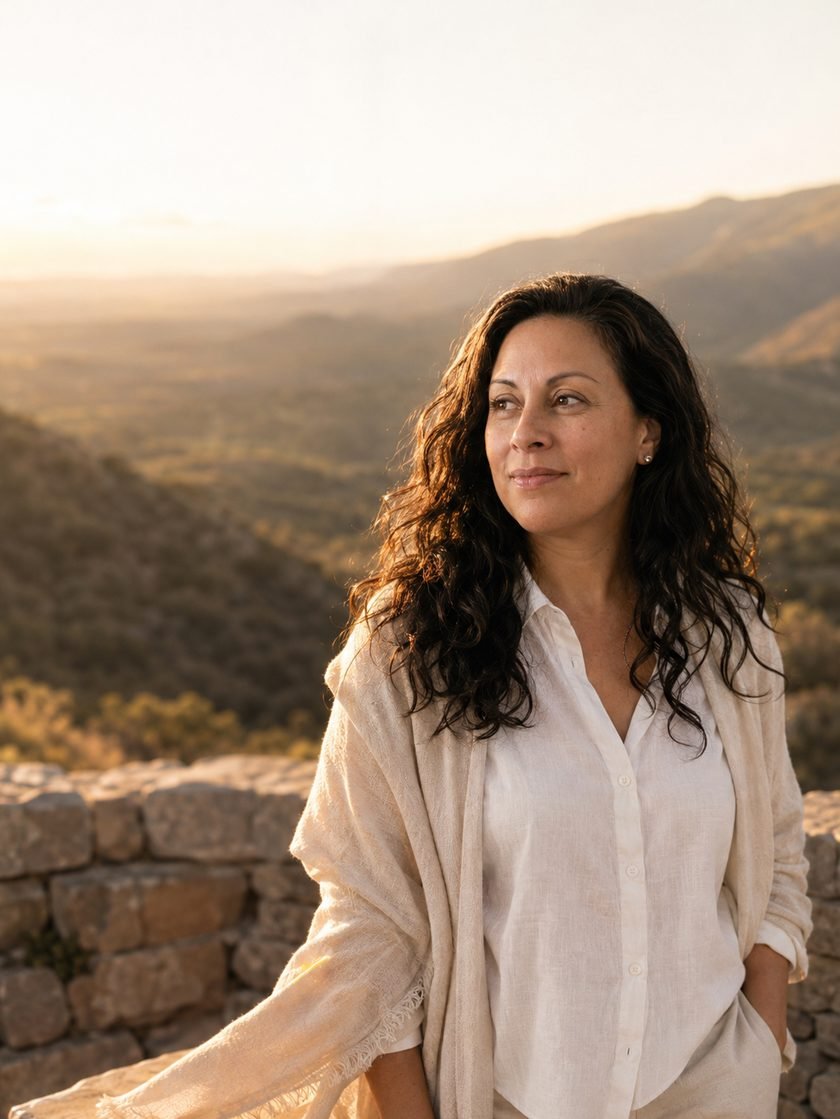 Mariana Medici en una terraza de piedra con las sierras del Valle de Punilla al atardecer