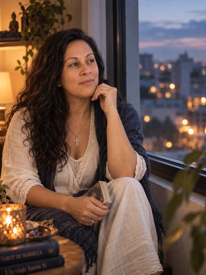Mariana Medici junto a una ventana al atardecer, con el mazo del Tarot de Marsella en la mano