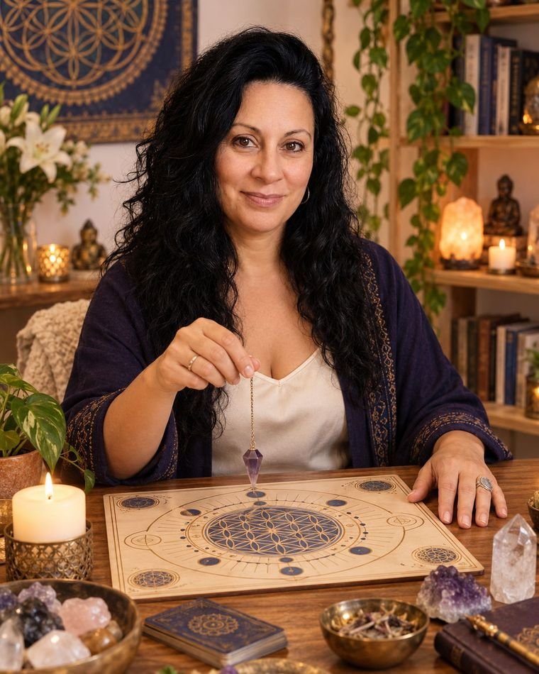 Mariana Medici sosteniendo un péndulo de amatista sobre el tablero de la mesa radiónica