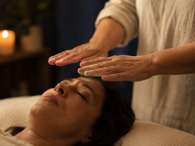 Las manos de Mariana Medici suspendidas sobre la frente de una mujer recostada, en una sesión de reiki