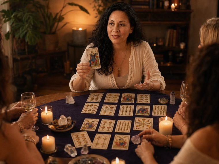 Mariana Medici mostrando una carta del Tarot de Marsella a un grupo sentado alrededor de la mesa