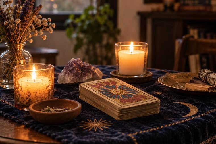 Mesa preparada para una sesión, con velas encendidas, amatista y un cuenco de barro