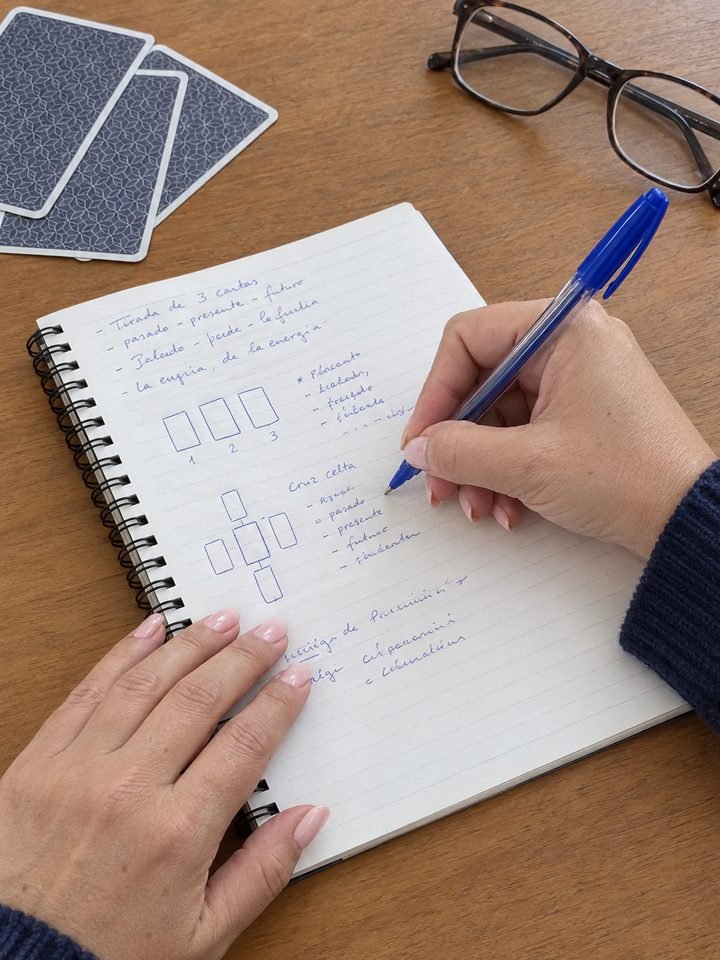 Manos escribiendo apuntes en un cuaderno, junto a cartas boca abajo