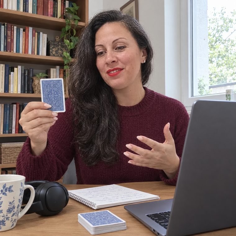 Mariana Medici dando una clase por Zoom desde su notebook, mostrando una carta a la cámara