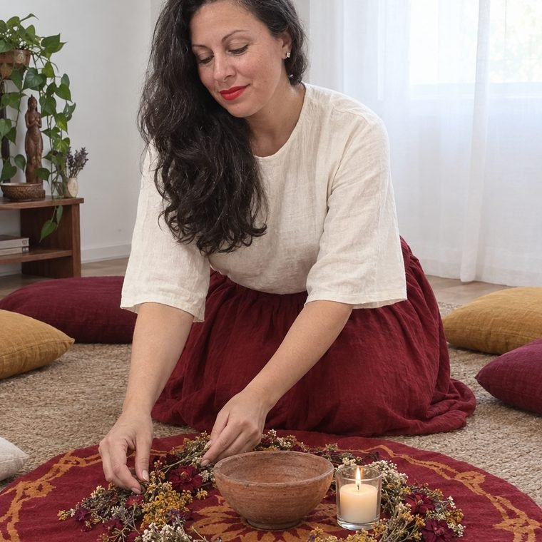 Mariana Medici preparando el espacio de un círculo de mujeres, con flores secas, un cuenco de barro y una vela