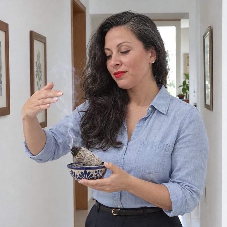 Mariana Medici con un cuenco de salvia humeando en un pasillo