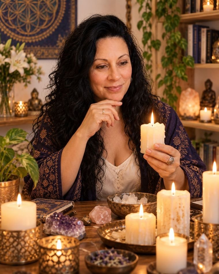 Mariana Medici mirando la llama de una vela encendida, rodeada de velas y cuarzos